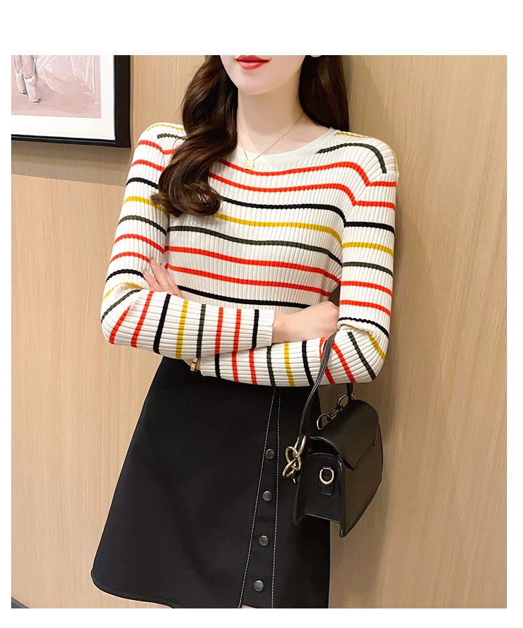 New Women Rainbow Stripe Sweater Winter Slim Long Sleeve Pullover Tops Korean Ladies Knitted Elegaht Sweaters Woman Jumper Mujer