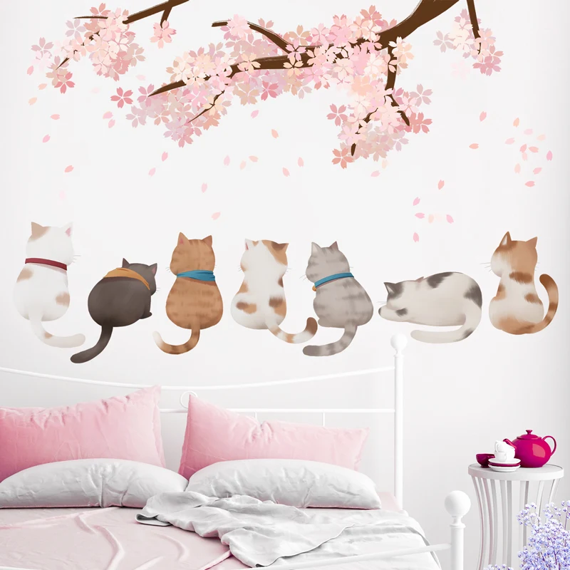 [SHIJUEHEZI] Мультяшные кошки наклейки с животными на стену DIY вишневые Цветы Наклейки на стены для дома дети спальня детская комната украшение