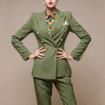 

Vintage Autumn Winter Office Lady Women Pant Suit Green Notched Blazer Jacket & Pant Office Wear Women Suits Female 2 pieces set