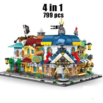 

4pcs2020 New Pirate Street View Series Bank Bakery Hotel Building Block Toy Model Set Children's Toy Christmas Gift