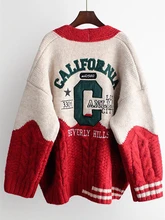  H.SA 2022 Women Oversized Cardigans V Neck Letters Embroidery Casual Patchwork Loose Jumpers Thick Warm Spring Knit Jacket Coat 