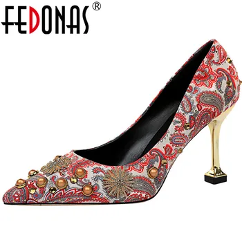 

FEDONAS Quality Silk String Bead Women Vintage Pumps Spring Elegant Strange Heels Basic Party Prom Shoes Woman Newest High Heels