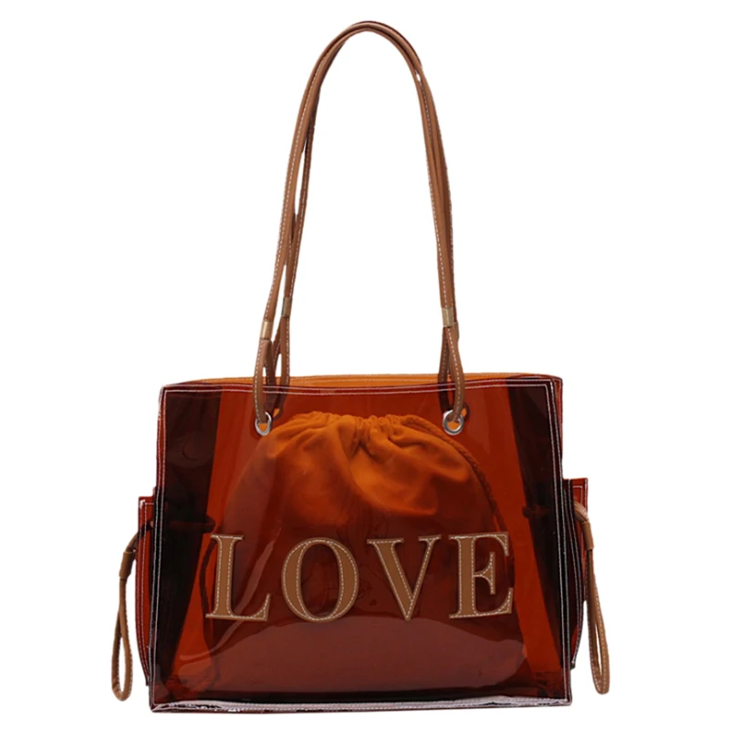 

ABZC-Transparent Child Bag Fashion Letter Large Capacity Handbag Work Bag Brown Wild Shoulder Bag Handbag