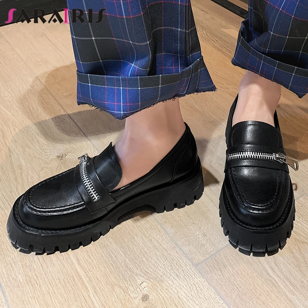 

SARAIRIS 2020 Spring Female Cool Black Split Leather Platform Loafers Casual slip-on Flats Women Zipper Decorate Shoes Woman