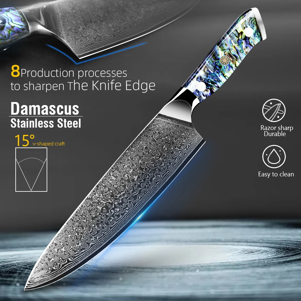 Kitchen Knives-Set Damascus Steel VG10 Chef Knife Cleaver Paring Bread  Knife Blue Resin and Color Wood Handle 1-8PCS set