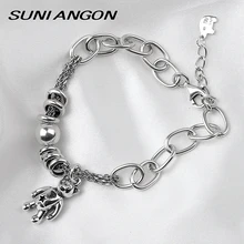 Большая цепочка браслет 925 пробы серебряный милый медведь овальный браслет обруч подвеска в виде животного многослойный Индивидуальный Женский браслет