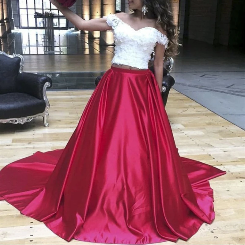 

Angel Married White and Red Off Shoulder Prom Dresses 2 Pieces Lace Appliqued Satin Evening Gown Long Formal Dress abendkleider