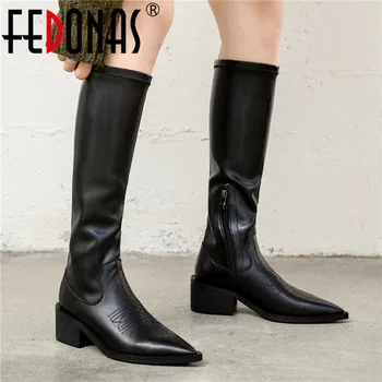 

FEDONAS Female Knee High Boots Side Zipper Thick Heels Shoes For Women Genuine Leather Pointed Toe Slim Long Shoes Woman Winter