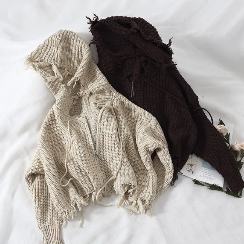 Женский короткий свитер с капюшоном, весенне-осенний вязаный кардиган на молнии, повседневная женская верхняя одежда в стиле панк