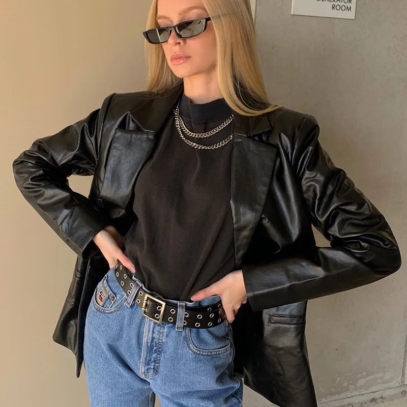 Pocket Faux Leather Blazer BlackLadies Winter Autumn Pu Leather Jacket Women Turn-down Collar Trench Coat Korean Style
