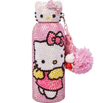 

Handmade Rhinestone Insulated Bottle Stainless Steel Travel Mug Portable Helloo Kitty Insulated Cups Pink Cat Lover Water Bottle
