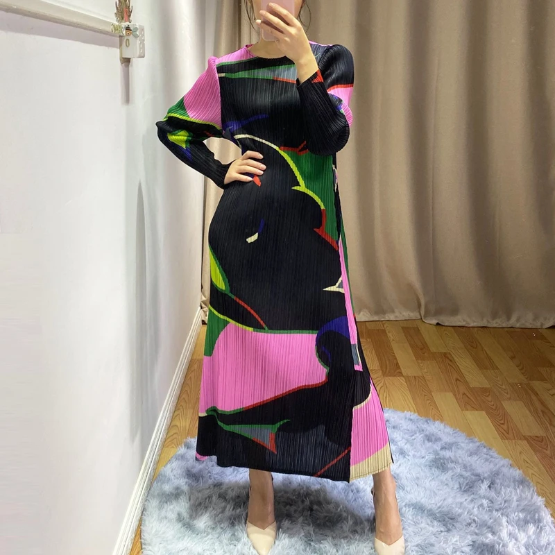 Горячая Miyake модное платье с длинными рукавами и круглым вырезом, платье трапециевидной формы с принтом