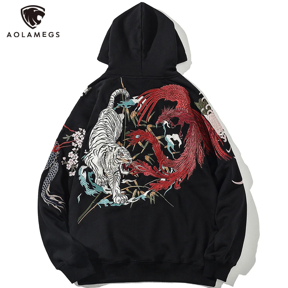Mens Hoodie Sweatshirt Japanese Pattern Embroidery Hooded Sweat Dragon Phoenix