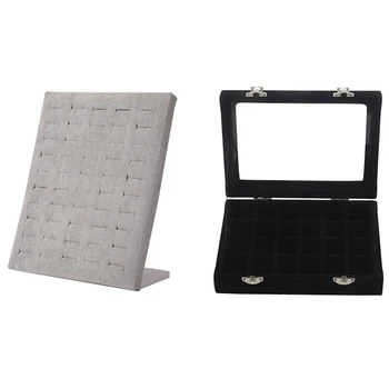 

1Pcs 24 Grid Display Box Jewelry Storage & 1Pcs 50 Slots L Type Flannel Wall Jewelry Display Ring Earrings Show Rack