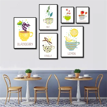 

Cup Fruit Rose Berries Nordic Cartoon Lemon Strawberry Mint Poster Canvas Painting Living Room Decoration Coffee Wall Art
