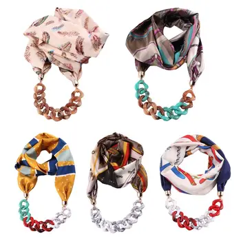 

Women Ethnic Retro Neckerchief Infinity Scarf with Chain Pendant Colored Polka Dot Feather Print Imitation Silk Jewelry Necklace