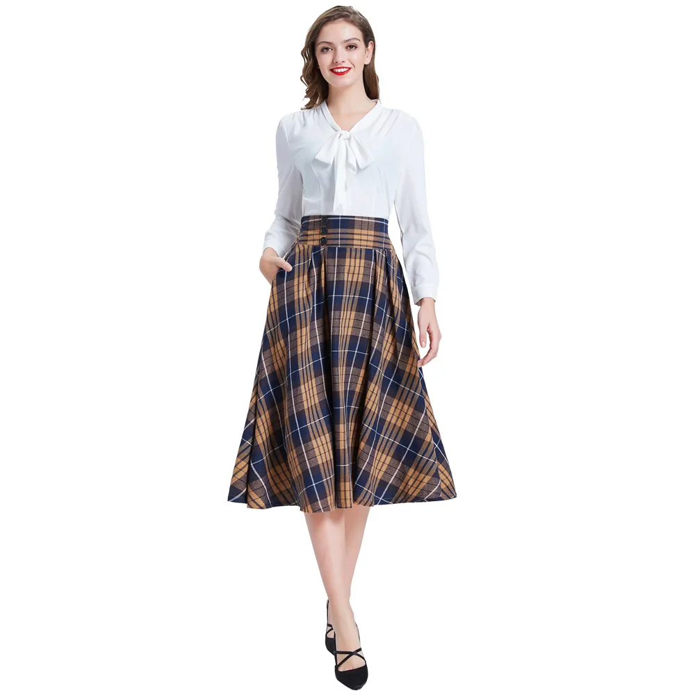 Tanie Belle Poque styl angielski 2019 jesień kobiety eleganckie spódnice w kratę kobiet plisowana wysokiej talii koreański biurowa, o średniej długości spódnica Streetwear