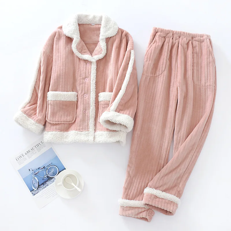 Новинка, зимние теплые утолщенные пижамные комплекты для женщин, японская фланелевая Женская одежда для сна с длинным рукавом, свободные качественные пижамы для женщин - Цвет: Розовый