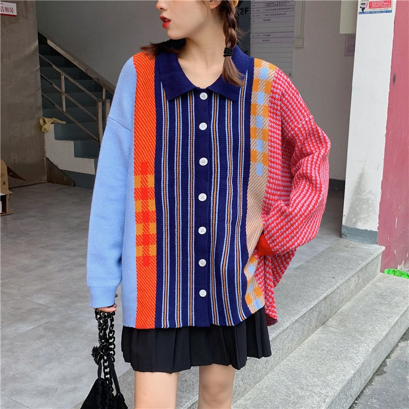 

Women Hit Color Sweaters Jackets Fall New Casual POLO Collar Single Breasted Females Knit Cardigans Loose Colorful Sweater