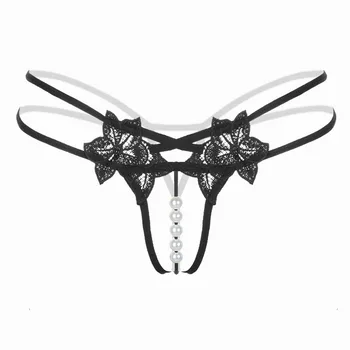 

Women Sexy Lace Open Panties Crotch Thong G-strings With Pearls Massaging Bead Crotchless Underwear Lingerie Toys Female #W3