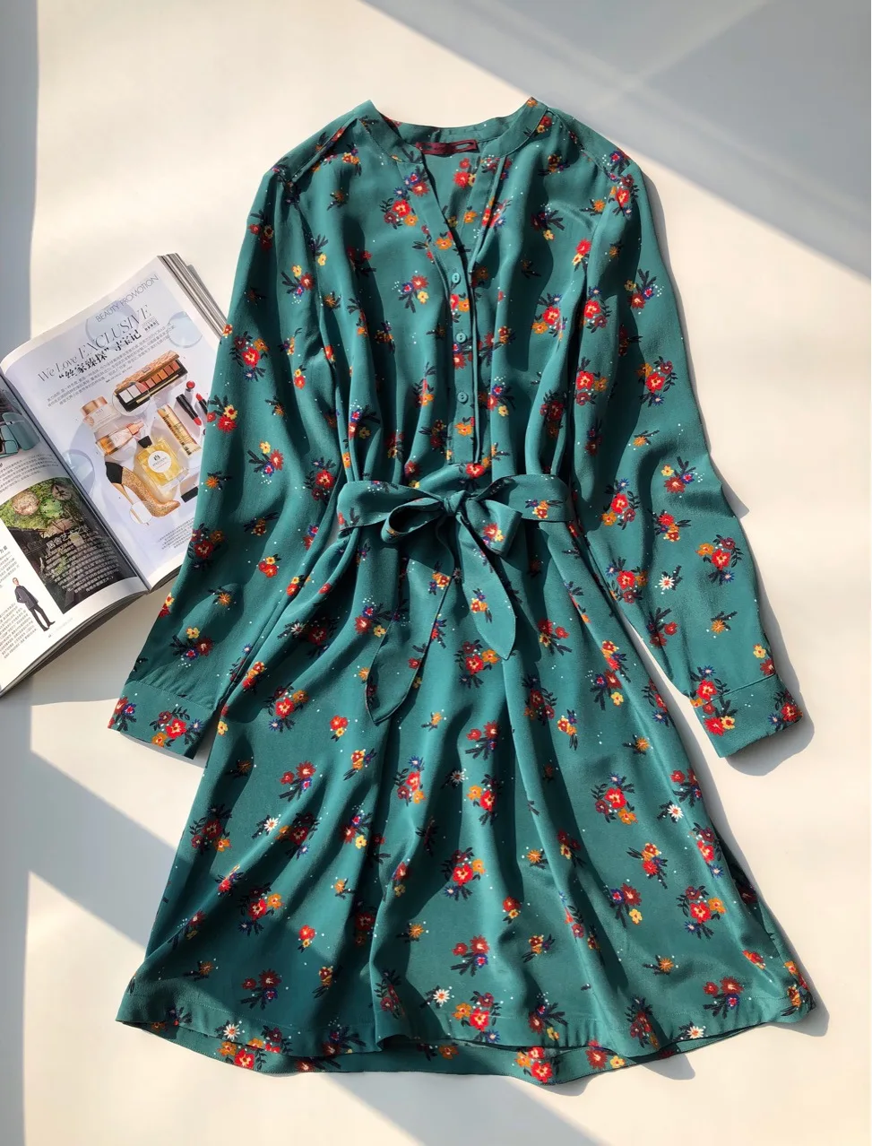 

Dress Green Women Print Vintage Tone Forest Green Classic Silk Mini Dress