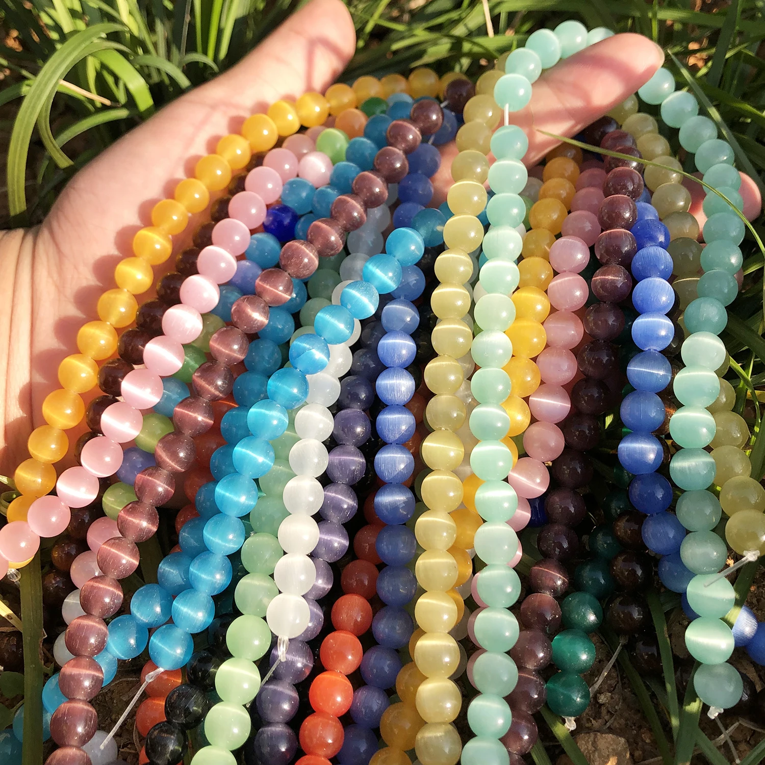 Natural Pink, White, & Blue Cat Eye Round Loose Beads for Jewelry Making - High-Quality Moonstone DIY Bracelet, 15 Strand