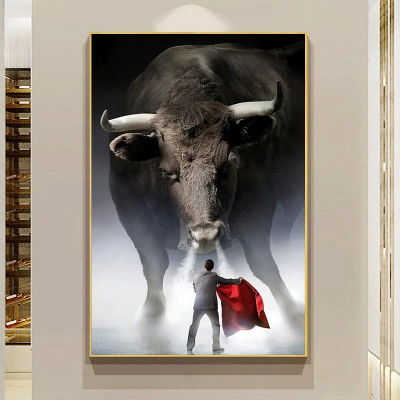 Bull and Small Man Artwork Printed on Canvas