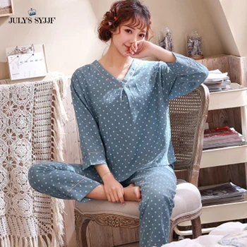 

JULY'S SYJJF Casual Womens Pajamas Sets Simple Polka Dot Print Long Sleeve Sleepwear 2020 Spring Summer Homewear Pajamas Mujer