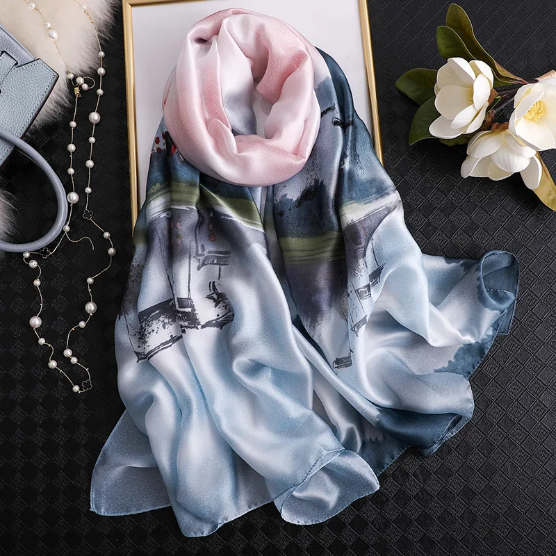 Брендовые дизайнерские шали и палантины, винтажный стильный шелковый шарф с рисунком, Женский рождественский подарок, длинный платок хиджаб