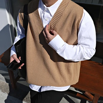 

2020 Winter Men's Slim Fit Sleeveless Cashmere Knitting Woolen Pullover Casual Sweater Waistcoat Vest V-neck Sleeve Single Knit