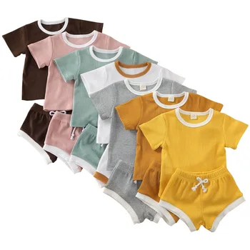 

2020 Summer Baby Clothes Ribbed Cotton Infant Baby Boys Girls Clothing Set T-shirts Tops+ Shorts Bloomers Solid Outfit Kids Suit