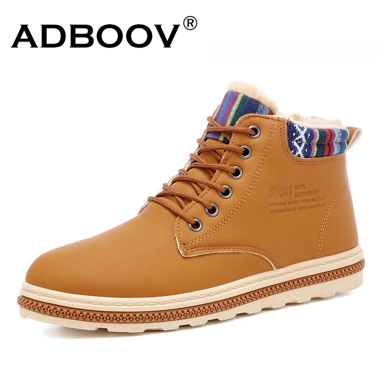 ADBOOV/кожаные сапоги upper boots для мужчин; нескользящая обувь с высоким берцем на меху на шнуровке; удобные мужские зимние сапоги на резиновой подошве
