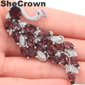 

61x26mm Elegant Long Peacock Purple Amethyst Tourmaline CZ Woman's Party Silver Brooch