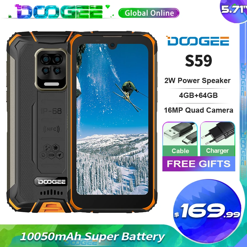 Защищенный мобильный телефон Doogee S59 5 71 дюйма Android 10 10050 мАч супер аккумулятор 2 Вт