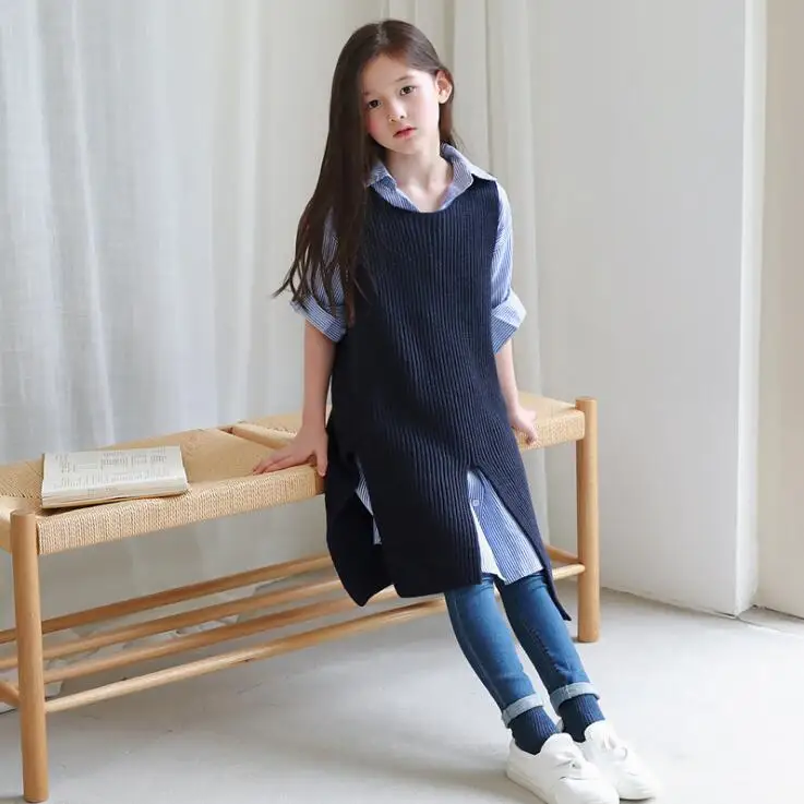 Трикотажное платье-жилет в Корейском стиле для девочек модные осенние хлопковые платья для девочек от 3 до 8 лет HX501