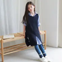 Трикотажное платье-жилет в Корейском стиле для девочек модные осенние хлопковые платья для девочек от 3 до 8 лет HX501