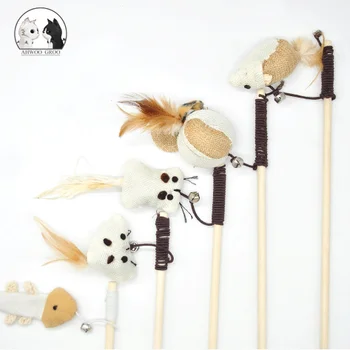 

Cat Feather Interactive Toy Pet Cat Linen Teaser Stick Toy Cat Mouse Pattern Wand Toy with Mini Bell Cat Catcher Teaser Rod Toy