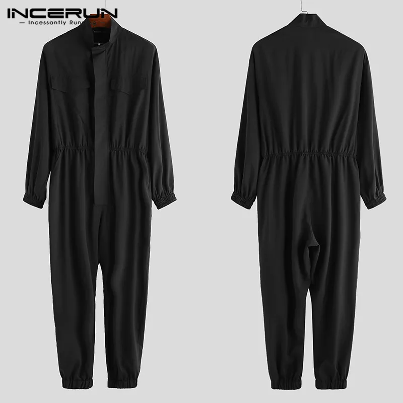 INCERUN Mens Rompers Jumpsuit Long Sleeve Zippers Joggers Solid Casual Pants Stylish Cargo Overalls Men Streetwear Hombre