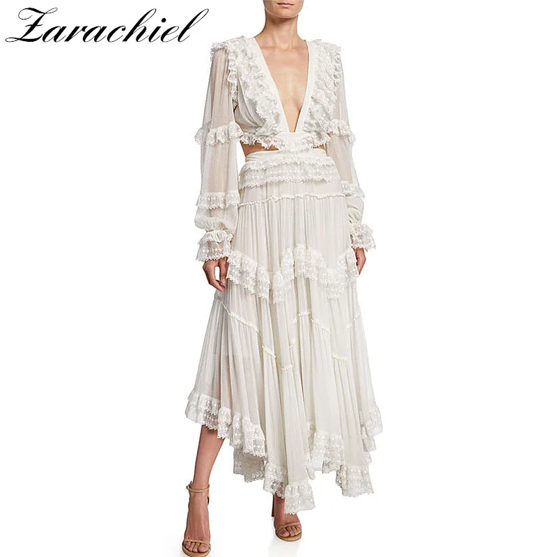 

2020 Spring Summer Women Sexy V Neck Backless Overlapping Bandage White Chiffon Dress Elegant Lantern Sleeve Ruffles Beach Dress