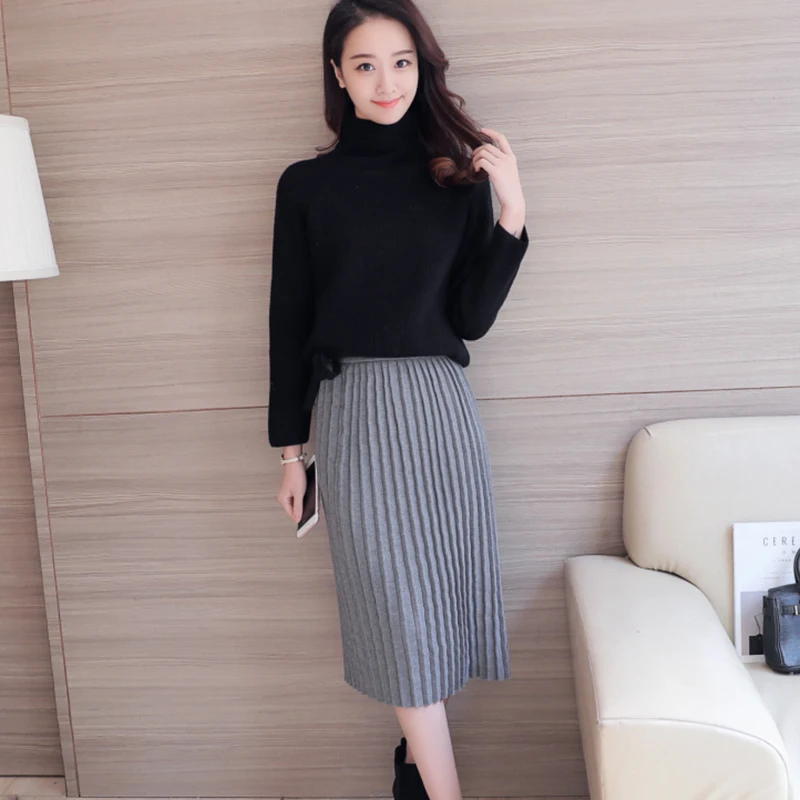 Женские повседневные однотонные юбки зимние женские прямые юбки до колена высокого качества женские юбки модные черные вязаные плиссированные юбки