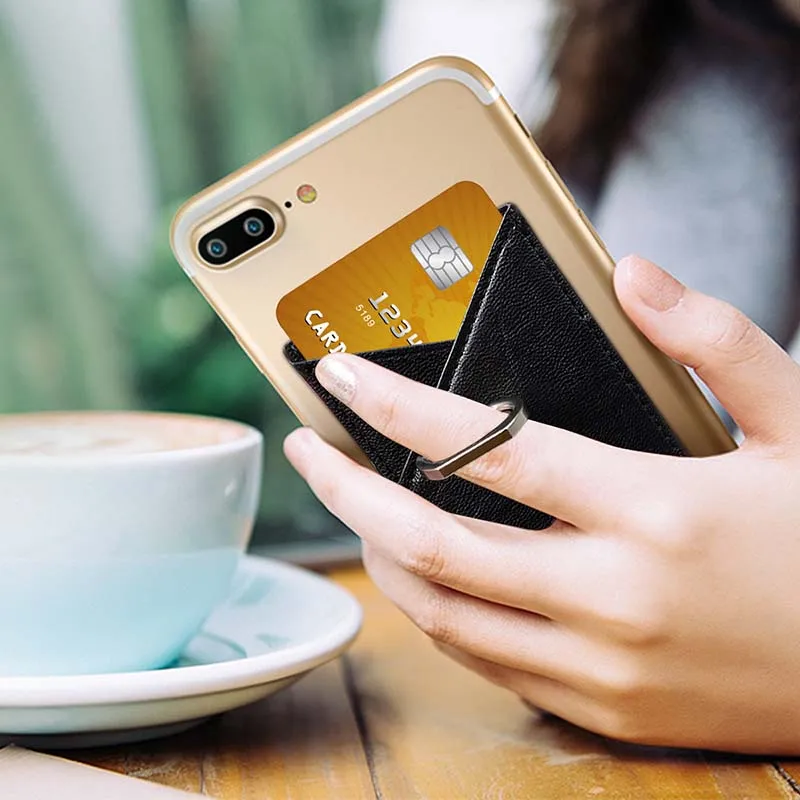 Men Women Credit ID Card Holder Cell Phone Wallet for Men Pocket Stick On Adhesive with Finger Ring Kickstand Secure Grip RFID