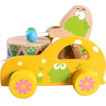 

Children Wooden Pull Along Playing Drum Car Toy Toy Musical Instrument - Cartoon Bear Christmas Gift 2019