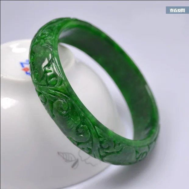 Натуральный ручной работы 5A изумруд ручной резной узор цветок браслет нефрит зеленый браслеты для женщин браслет - Цвет камня: 63mm