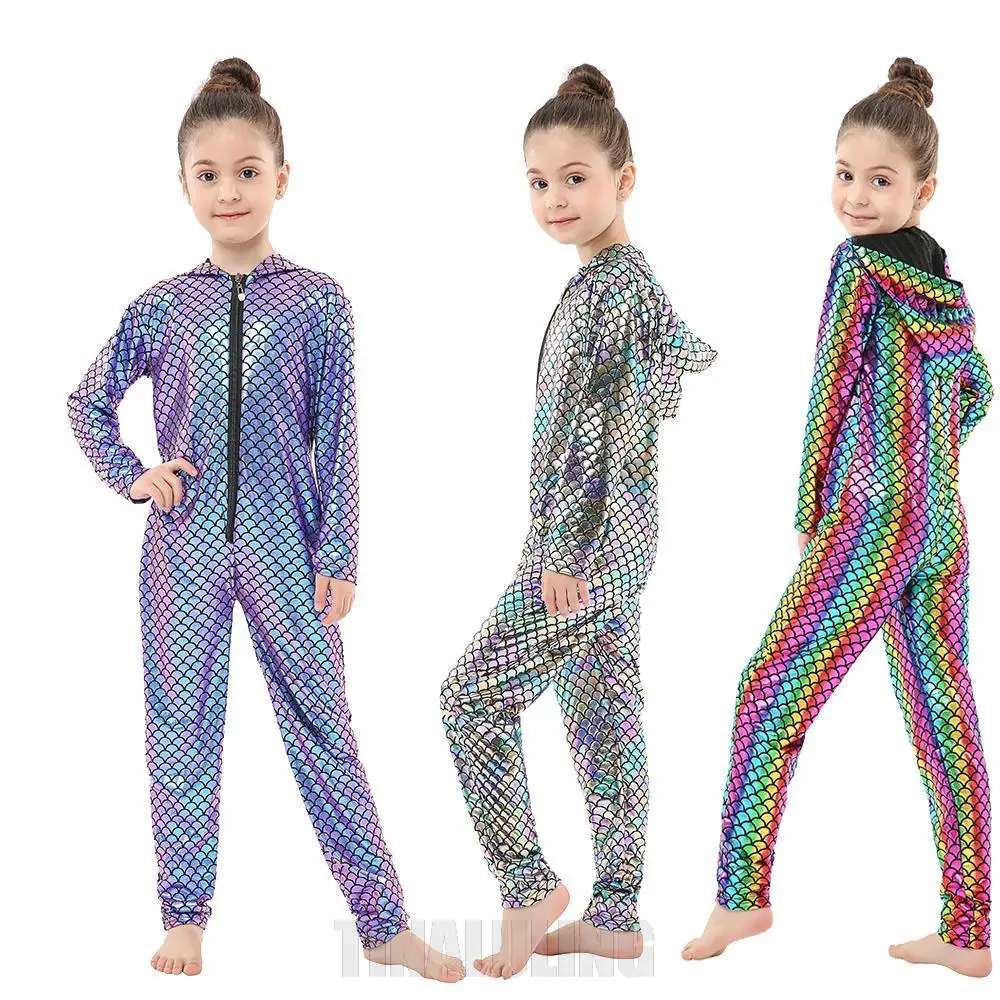 2021 Girls Rainbow Unicorn Pink Skinny Zentai Autumn Baby Girls Jumpsuits Children Mermaid Halloween Cosplay Costume One Pieces