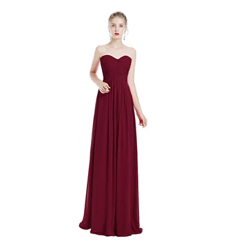 

Elegant Bridesmaid Women Dress Wine Red Strapless Chiffon Long Dress for Wedding for Party High Waist Pleated Slim Dress Women