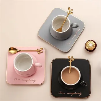 

3PCS Ceramic Coffee Cup And Saucer Set European Style Light Luxury Gold Afternoon Tea Milk Juice Breakfast Cup Saucer Spoon Gift