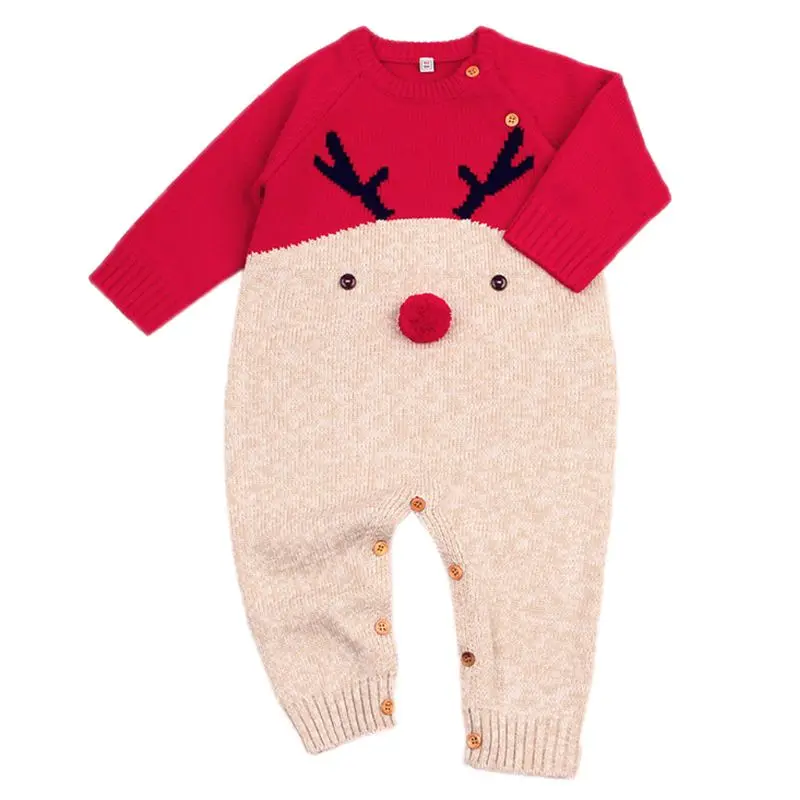 Детская Рождественская красная пижама с длинными рукавами и рисунком оленя, комбинезон, Вязаный комбинезон для детей 0-24 месяцев