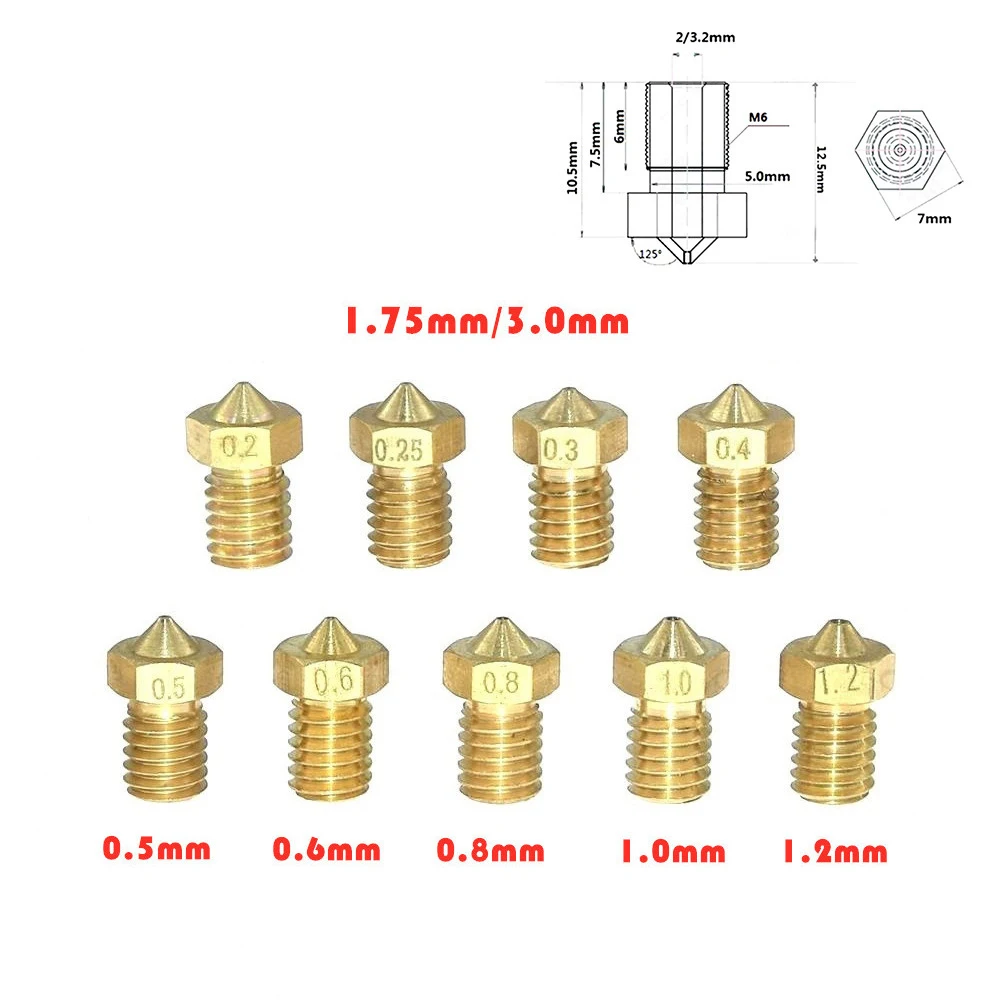 5 шт. 3D-принтеры аксессуары V5 V6 M6 резное сопло 0,2 0,25 0,3 0,4 0,5 0,6 0,8 1,0 мм для 1,75 мм 3,0 мм нить металлический E3D