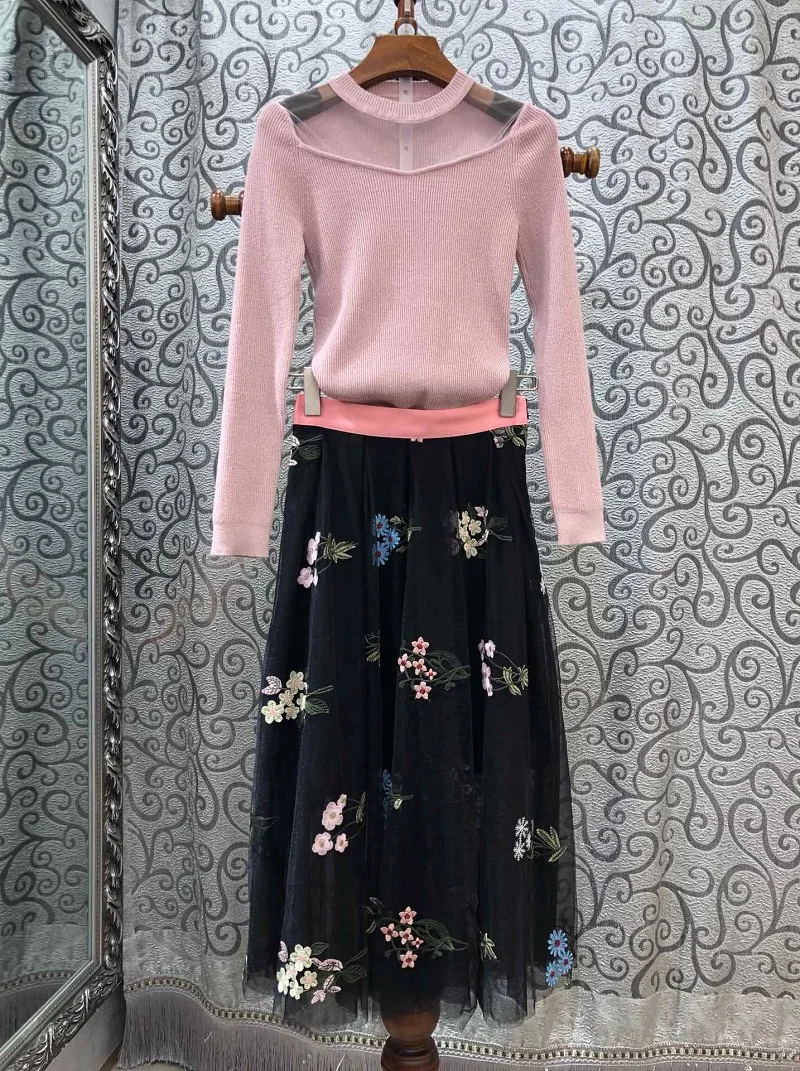 Женский свитер наивысшего качества 2019 Осенняя зимняя вязаная одежда женские сексуальные розовые пуловеры + люкс вышивка длинная юбка из