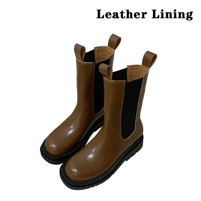 Black Platform Chelsea boots women round toe Thick Bottom ankle boots for women fashion brand design Knight Boots Woman - Цвет: Brown Leather Lining